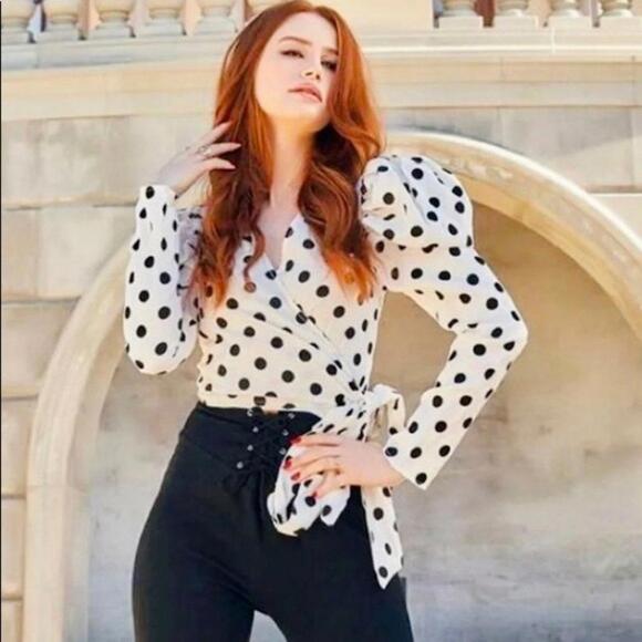 SHEIN Tops - Polka Dotted Blouse with wrap belt